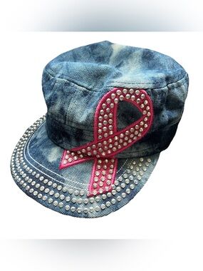 Denim Tie Dye Embroidered Breast Cancer Ribbon Rhinestone Adjustable Hat